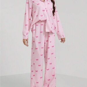 SHEIN Pink Striped Bow Print Pajama Set